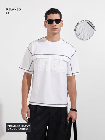 Men's White Relaxed Fit Embroided 240 GSM Casual T-Shirt