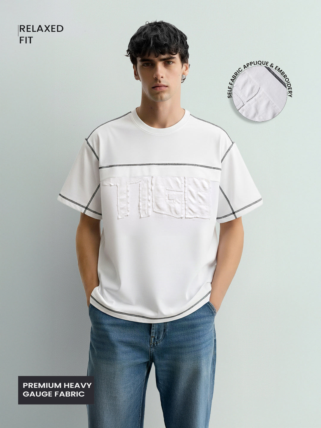 Men's White Relaxed Fit Embroided 240 GSM Casual T-Shirt