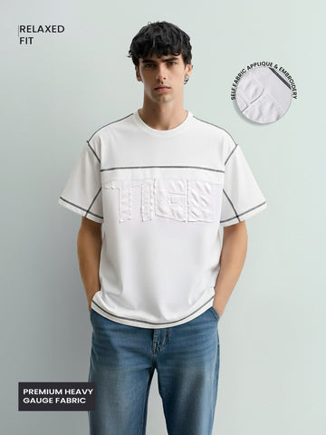 Men's White Relaxed Fit Embroided 240 GSM Casual T-Shirt