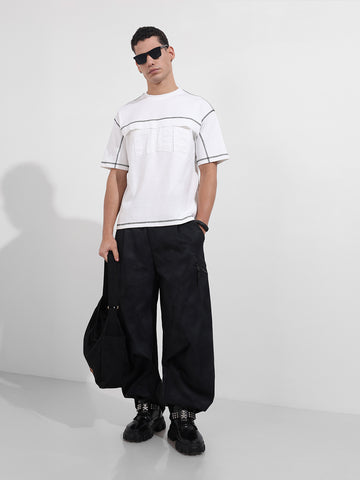 Men's White Relaxed Fit Embroided 240 GSM Casual T-Shirt