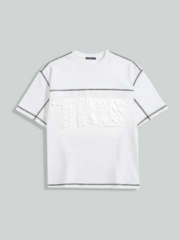 Men's White Relaxed Fit Embroided 240 GSM Casual T-Shirt