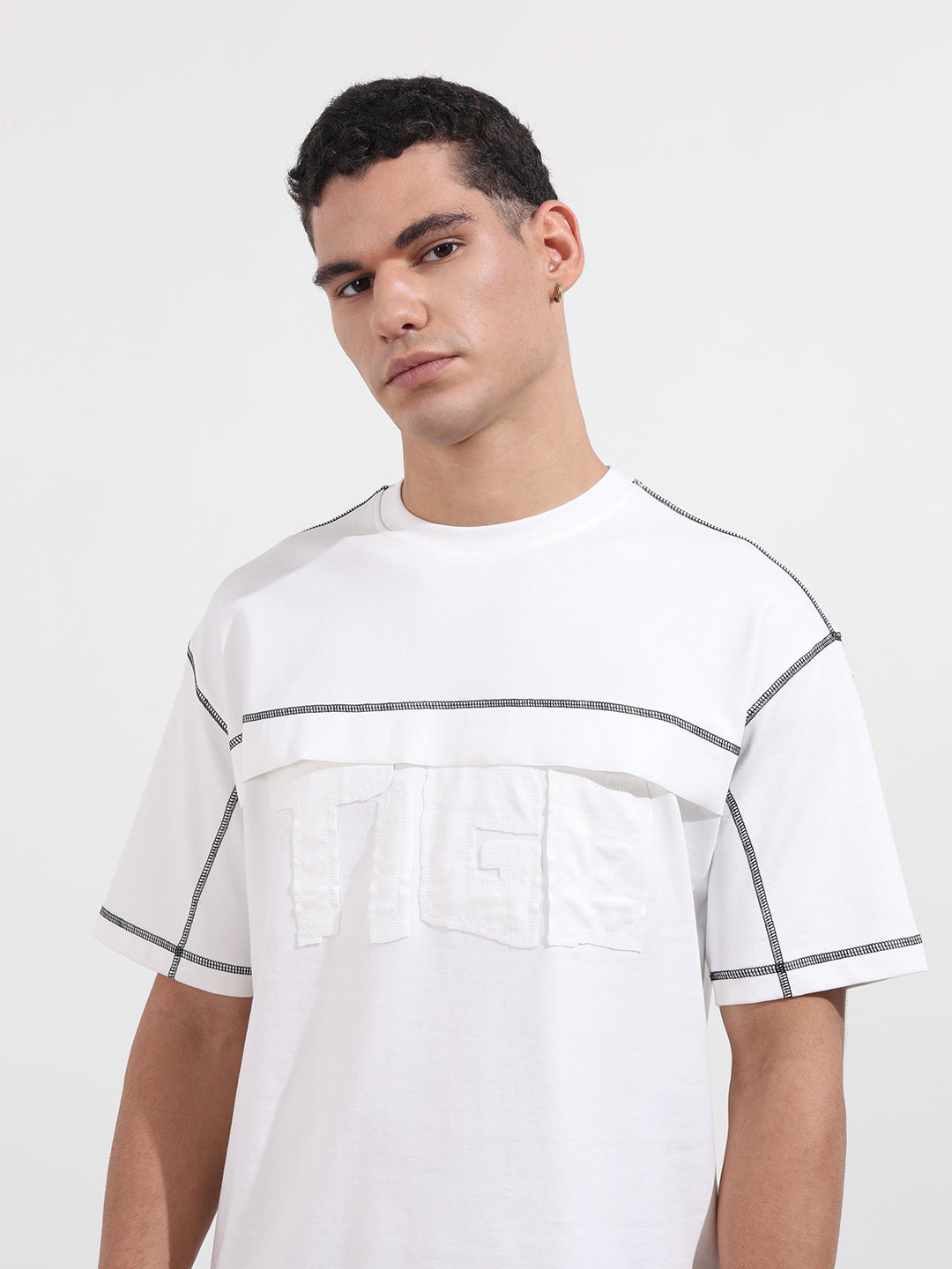 Men's White Relaxed Fit Embroided 240 GSM Casual T-Shirt