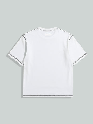 Men's White Relaxed Fit Embroided 240 GSM Casual T-Shirt