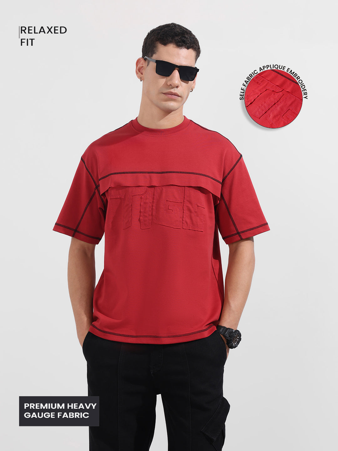Men's Red Relaxed Fit Embroided 240 GSM Casual T-Shirt