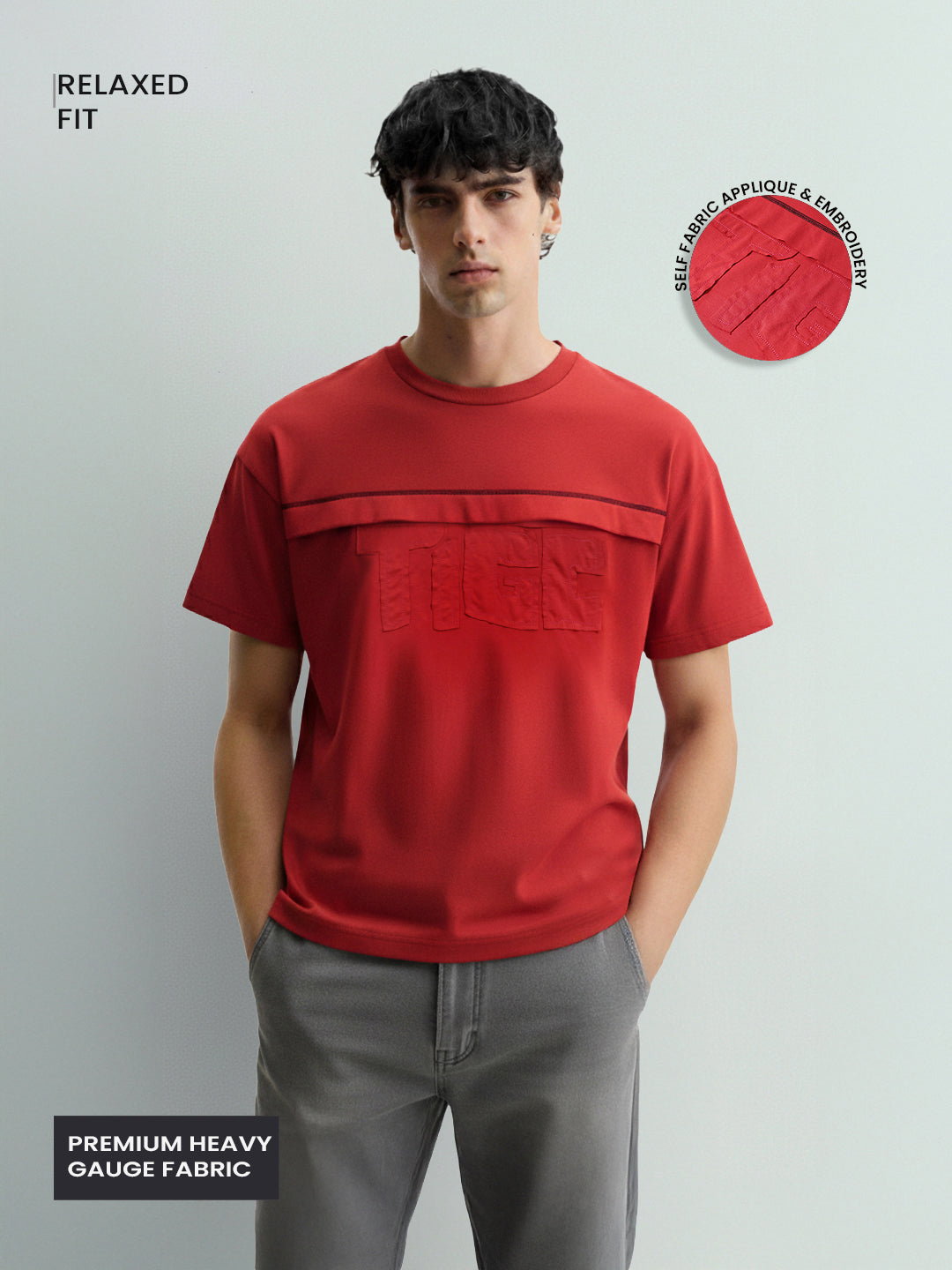 Men's Red Relaxed Fit Embroided 240 GSM Casual T-Shirt