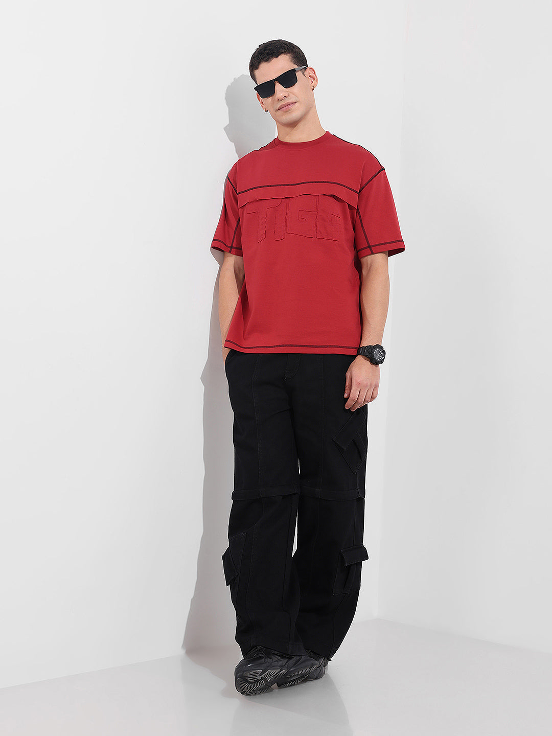 Men's Red Relaxed Fit Embroided 240 GSM Casual T-Shirt