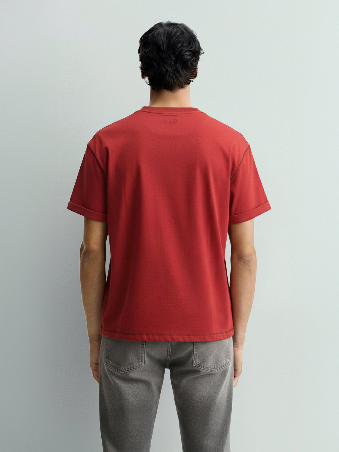 Men's Red Relaxed Fit Embroided 240 GSM Casual T-Shirt