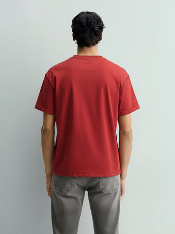Men's Red Relaxed Fit Embroided 240 GSM Casual T-Shirt