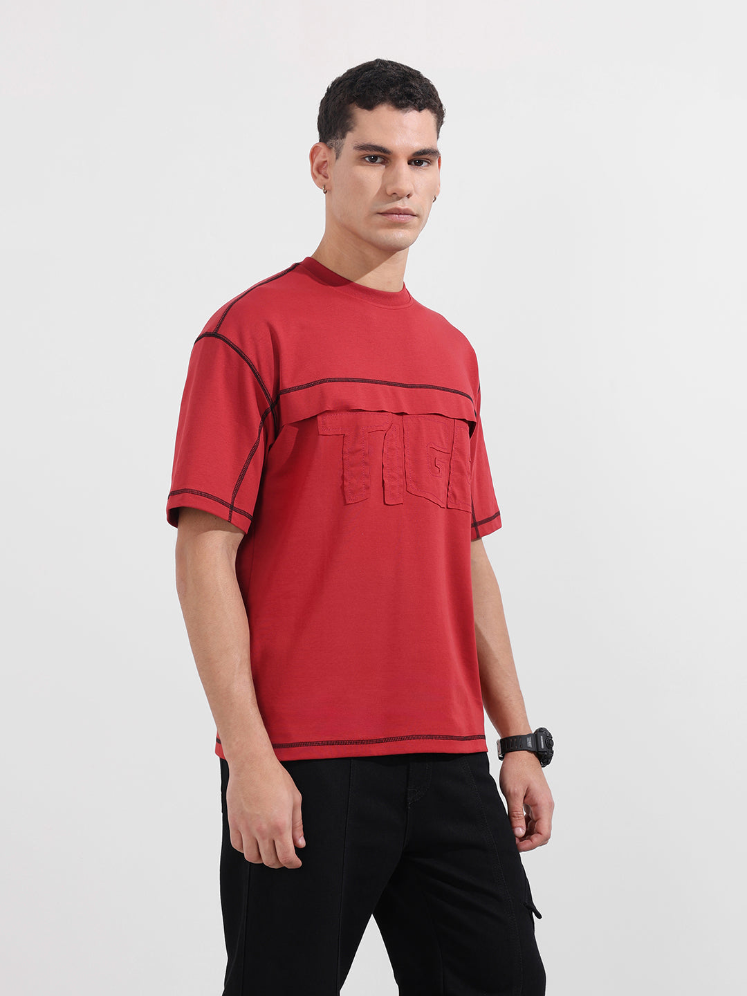 Men's Red Relaxed Fit Embroided 240 GSM Casual T-Shirt