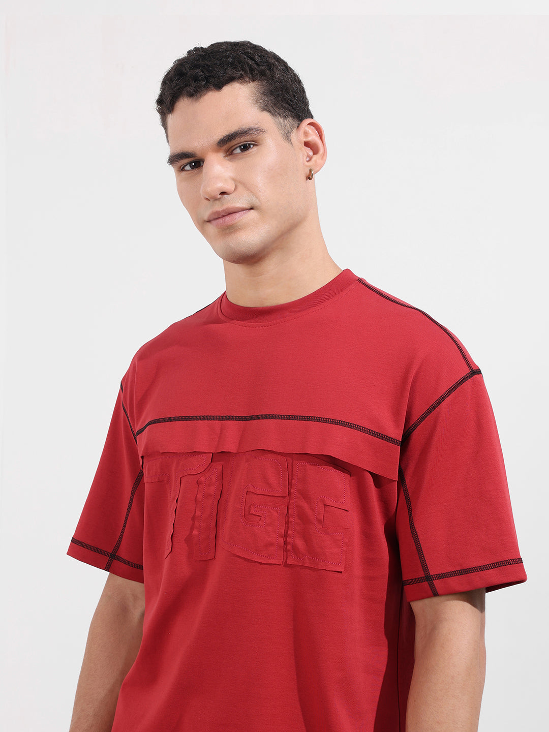 Men's Red Relaxed Fit Embroided 240 GSM Casual T-Shirt