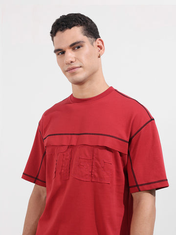Men's Red Relaxed Fit Embroided 240 GSM Casual T-Shirt