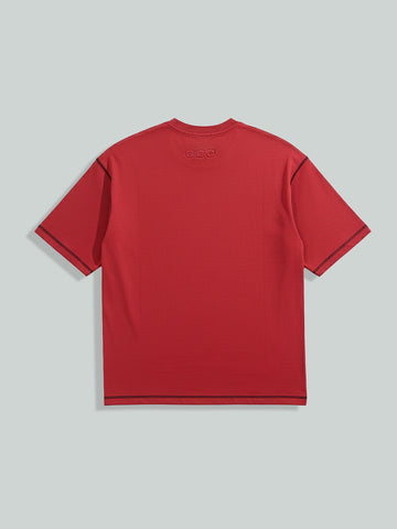 Men's Red Relaxed Fit Embroided 240 GSM Casual T-Shirt