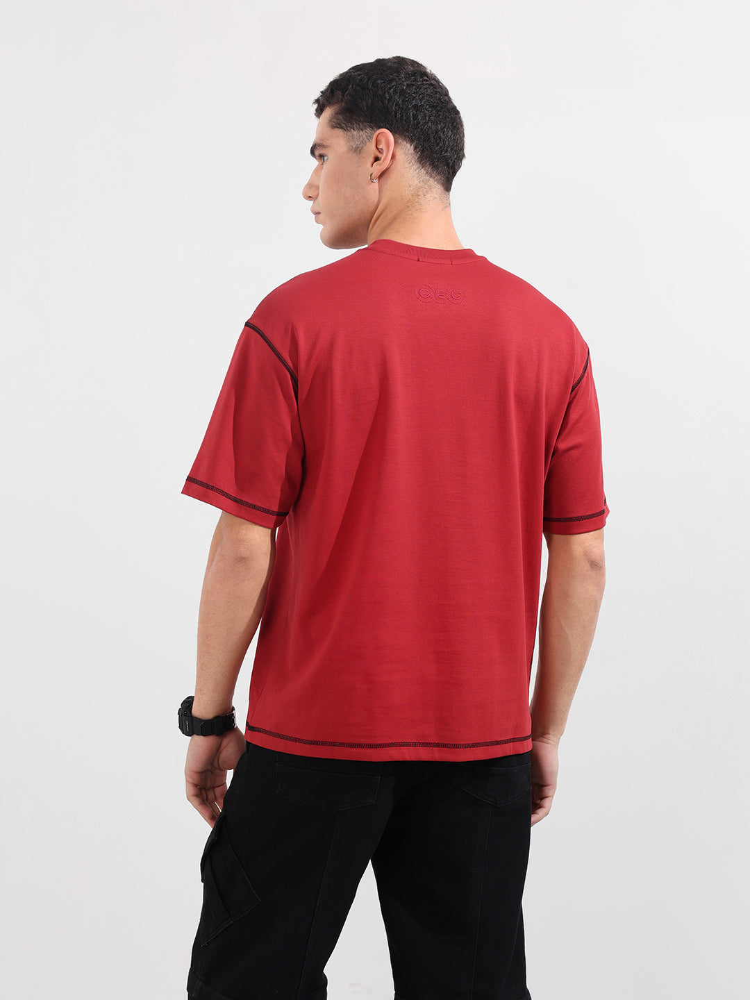 Men's Red Relaxed Fit Embroided 240 GSM Casual T-Shirt