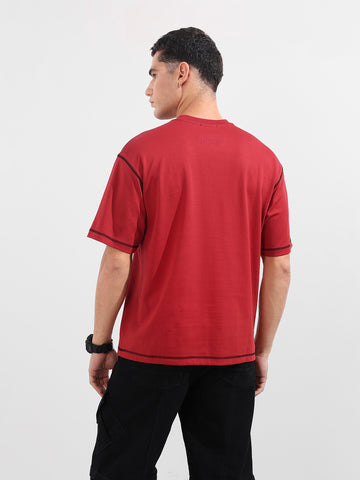 Men's Red Relaxed Fit Embroided 240 GSM Casual T-Shirt