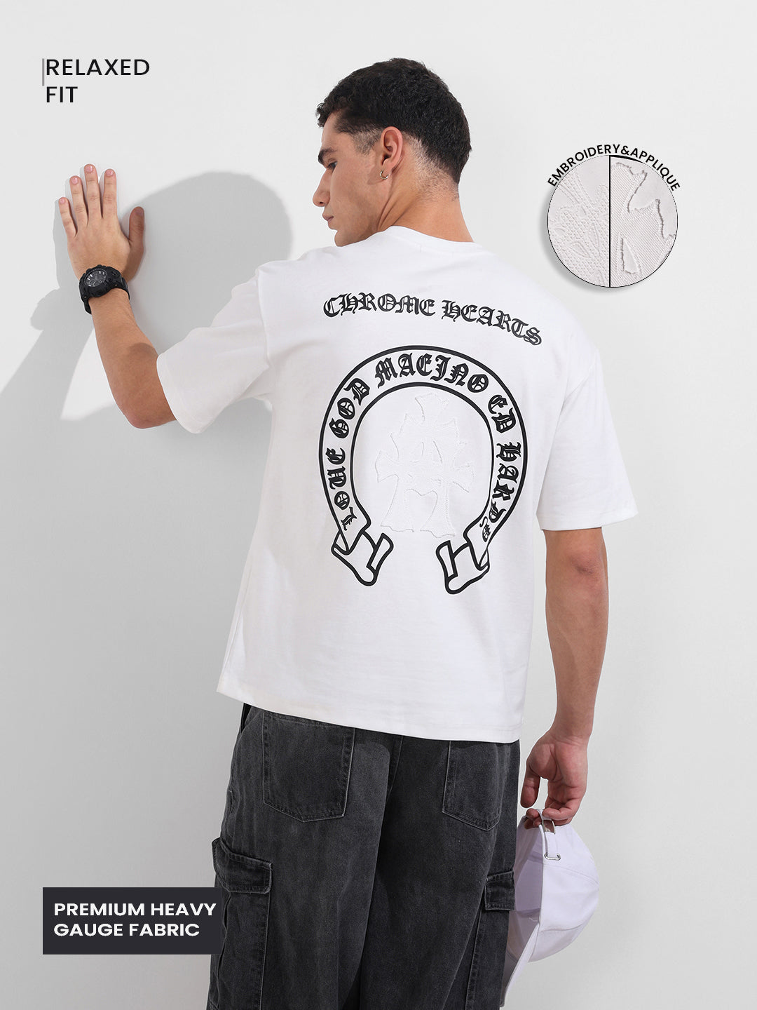 Men's White Relaxed Fit Embroided 240 GSM Casual T-Shirt