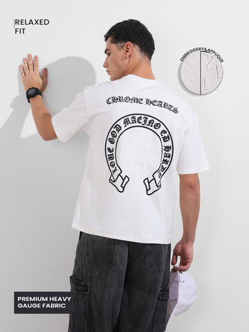 Men's White Relaxed Fit Embroided 240 GSM Casual T-Shirt