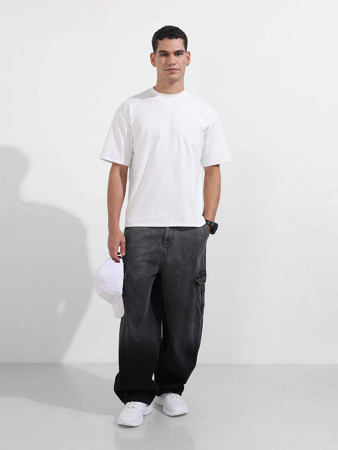 Men's White Relaxed Fit Embroided 240 GSM Casual T-Shirt