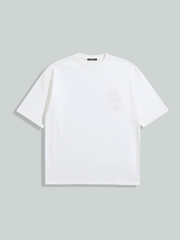 Men's White Relaxed Fit Embroided 240 GSM Casual T-Shirt