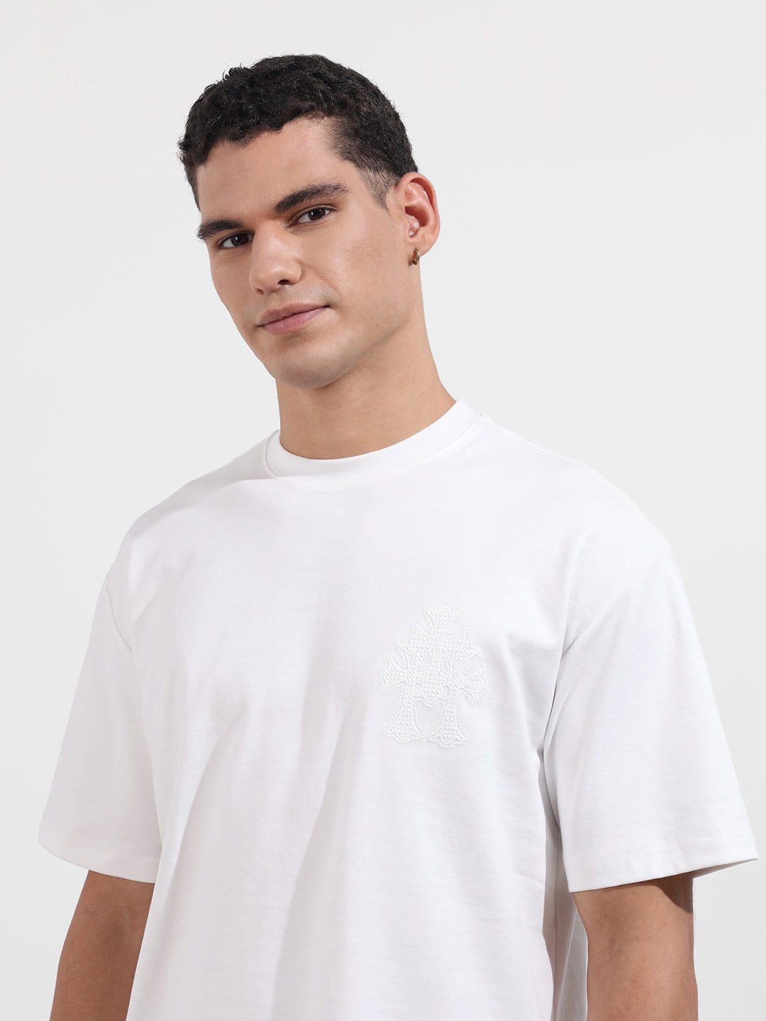 Men's White Relaxed Fit Embroided 240 GSM Casual T-Shirt