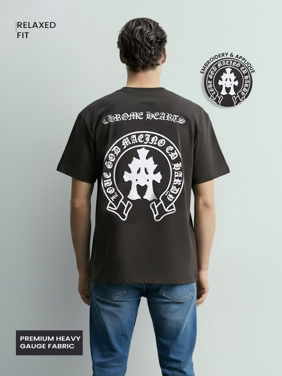 Men's Grey Relaxed Fit Embroided 240 GSM Casual T-Shirt