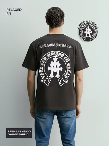 Men's Grey Relaxed Fit Embroided 240 GSM Casual T-Shirt