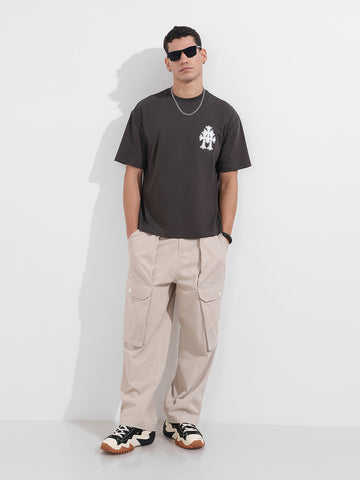 Men's Grey Relaxed Fit Embroided 240 GSM Casual T-Shirt