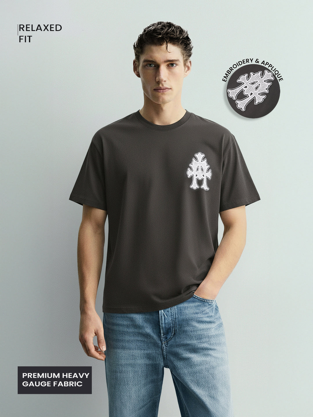 Men's Grey Relaxed Fit Embroided 240 GSM Casual T-Shirt