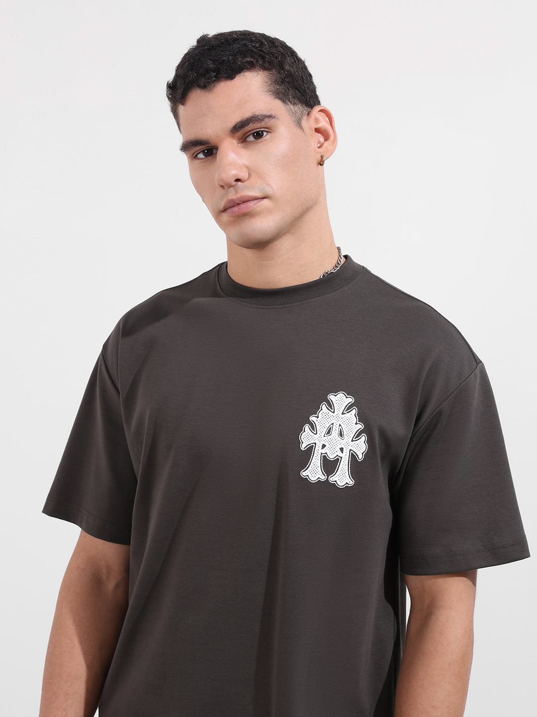 Men's Grey Relaxed Fit Embroided 240 GSM Casual T-Shirt