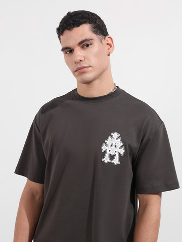 Men's Grey Relaxed Fit Embroided 240 GSM Casual T-Shirt