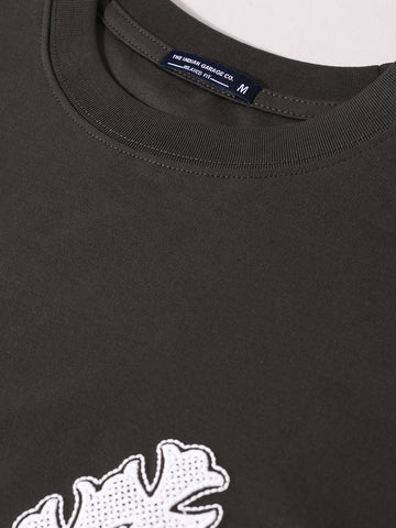 Men's Grey Relaxed Fit Embroided 240 GSM Casual T-Shirt