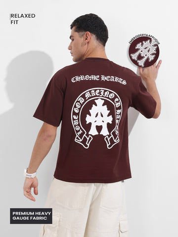 Men's Maroon Relaxed Fit Embroided 240 GSM Casual T-Shirt