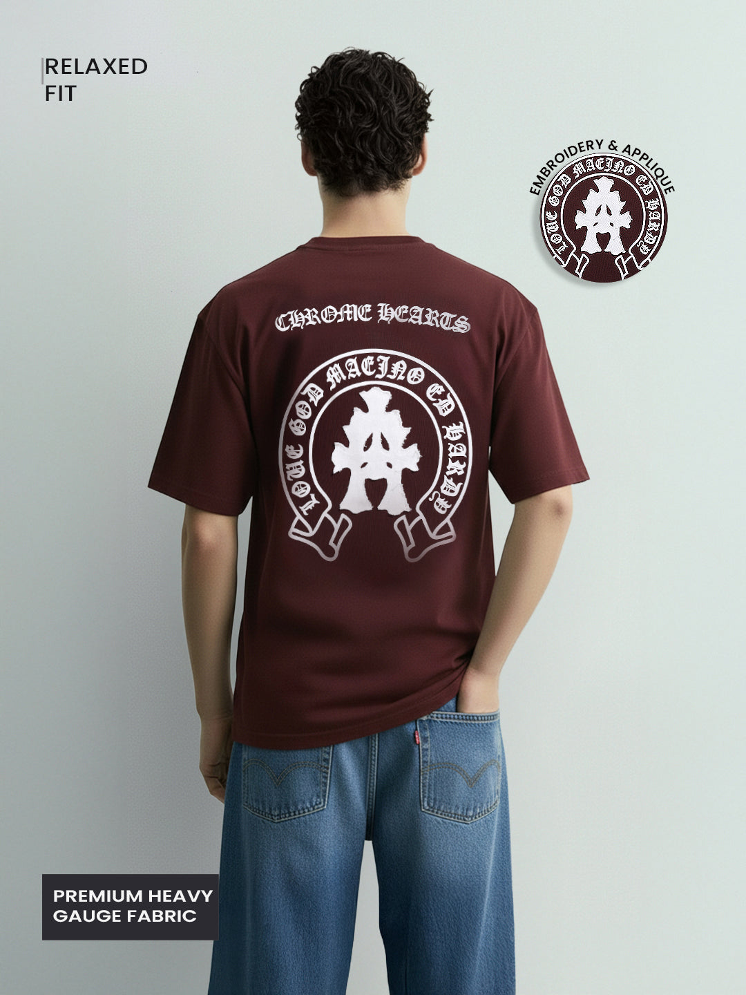 Men's Maroon Relaxed Fit Embroided 240 GSM Casual T-Shirt