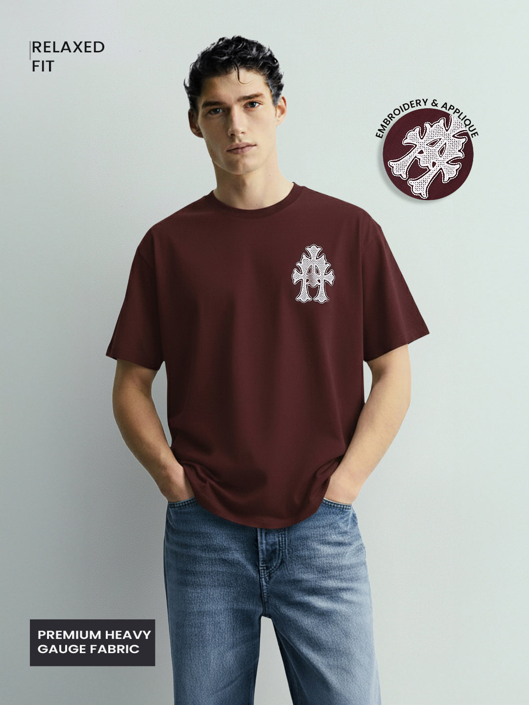 Men's Maroon Relaxed Fit Embroided 240 GSM Casual T-Shirt