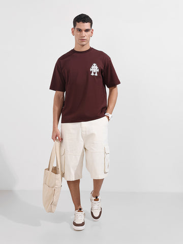 Men's Maroon Relaxed Fit Embroided 240 GSM Casual T-Shirt