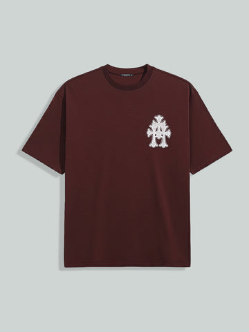 Men's Maroon Relaxed Fit Embroided 240 GSM Casual T-Shirt