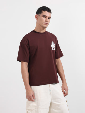 Men's Maroon Relaxed Fit Embroided 240 GSM Casual T-Shirt