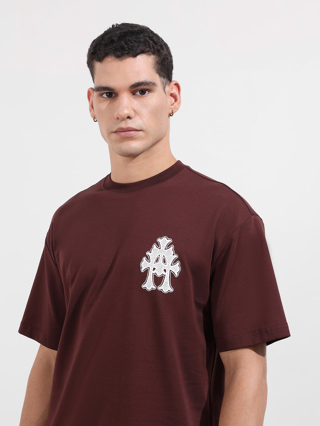 Men's Maroon Relaxed Fit Embroided 240 GSM Casual T-Shirt