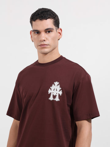 Men's Maroon Relaxed Fit Embroided 240 GSM Casual T-Shirt