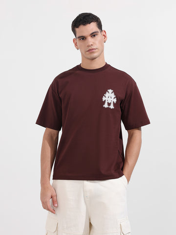 Men's Maroon Relaxed Fit Embroided 240 GSM Casual T-Shirt