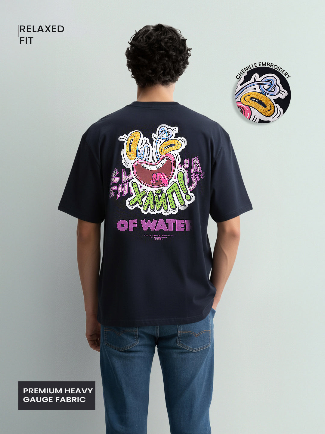 Men's Blue Relaxed Fit Embroided 240 GSM Graphic  T-Shirt