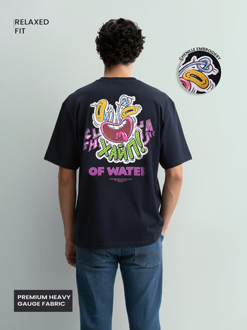 Men's Blue Relaxed Fit Embroided 240 GSM Graphic  T-Shirt