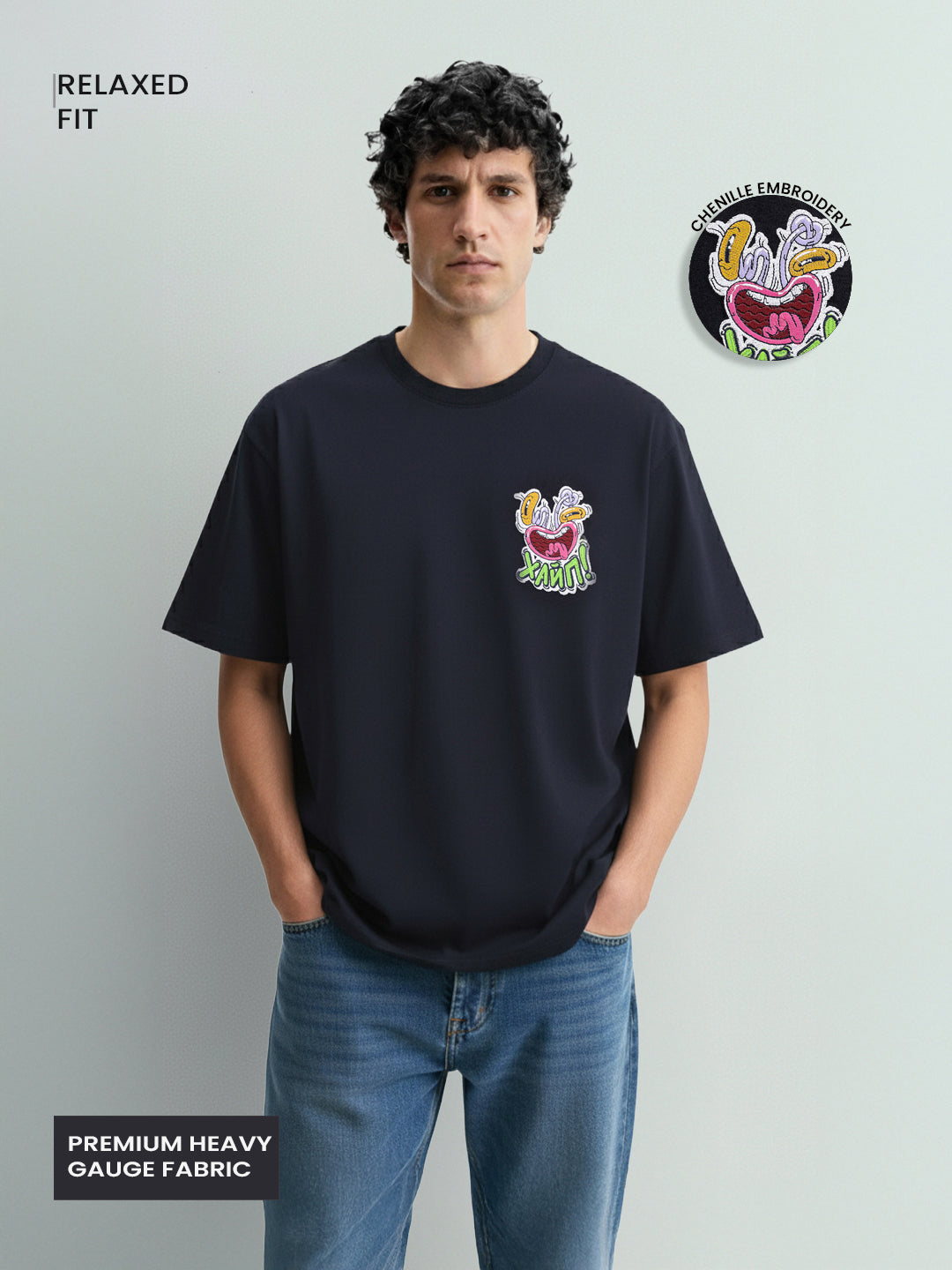 Men's Blue Relaxed Fit Embroided 240 GSM Graphic  T-Shirt