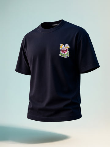 Men's Navy Blue Relaxed Fit Embroided 240 GSM Graphic  T-Shirt