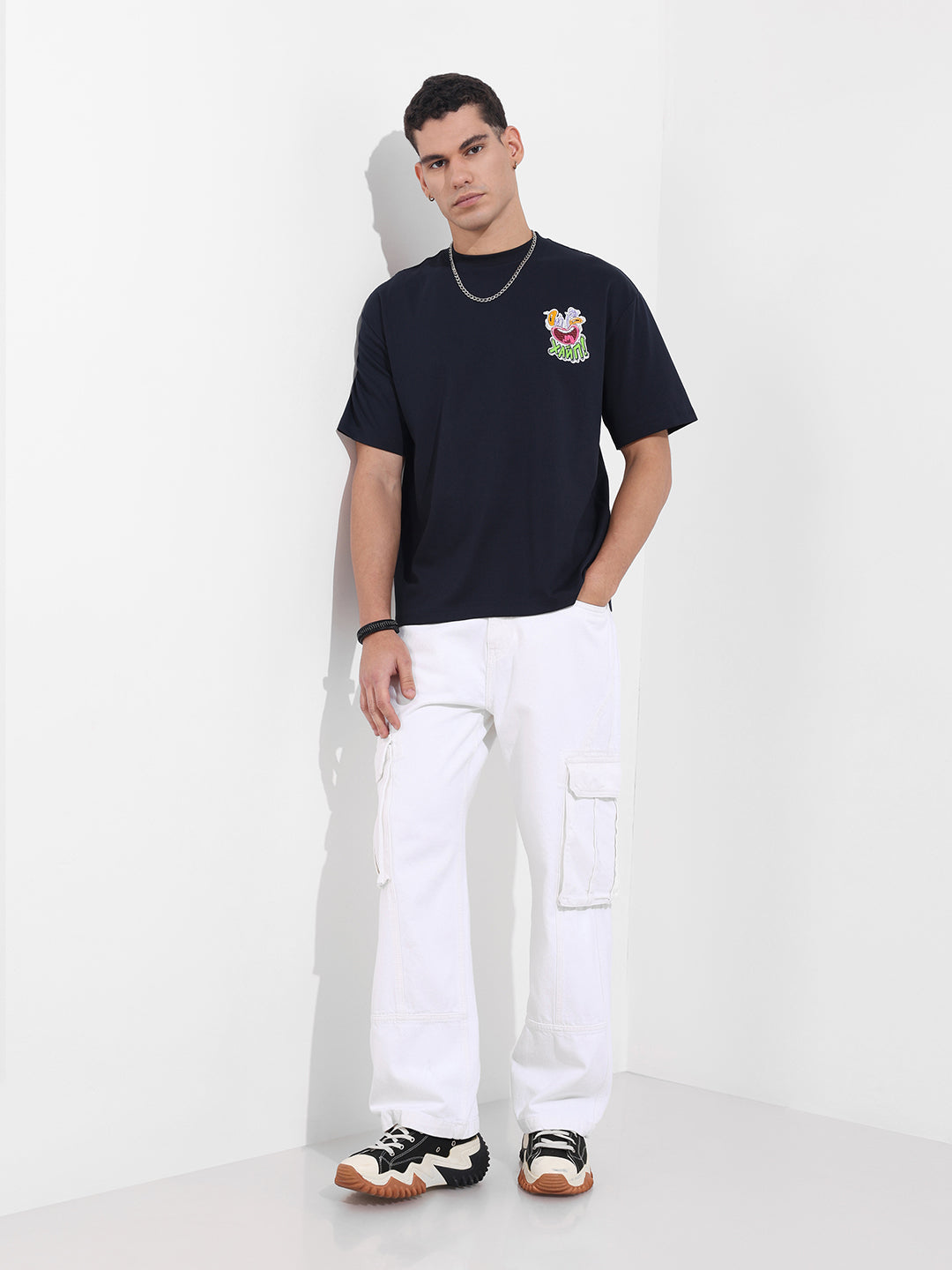 Men's Blue Relaxed Fit Embroided 240 GSM Graphic  T-Shirt