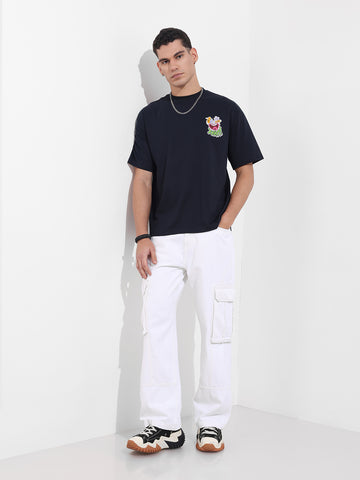 Men's Blue Relaxed Fit Embroided 240 GSM Graphic  T-Shirt