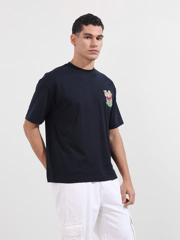 Men's Blue Relaxed Fit Embroided 240 GSM Graphic  T-Shirt