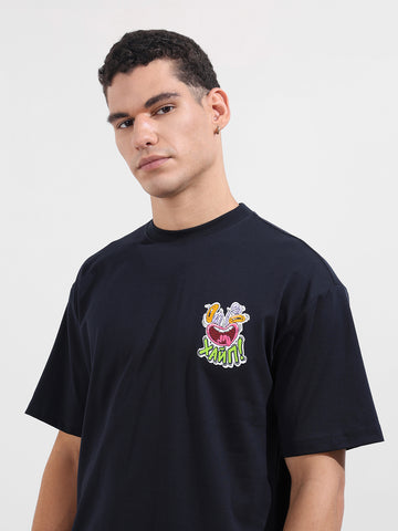 Men's Blue Relaxed Fit Embroided 240 GSM Graphic  T-Shirt