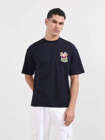 Men's Blue Relaxed Fit Embroided 240 GSM Graphic  T-Shirt