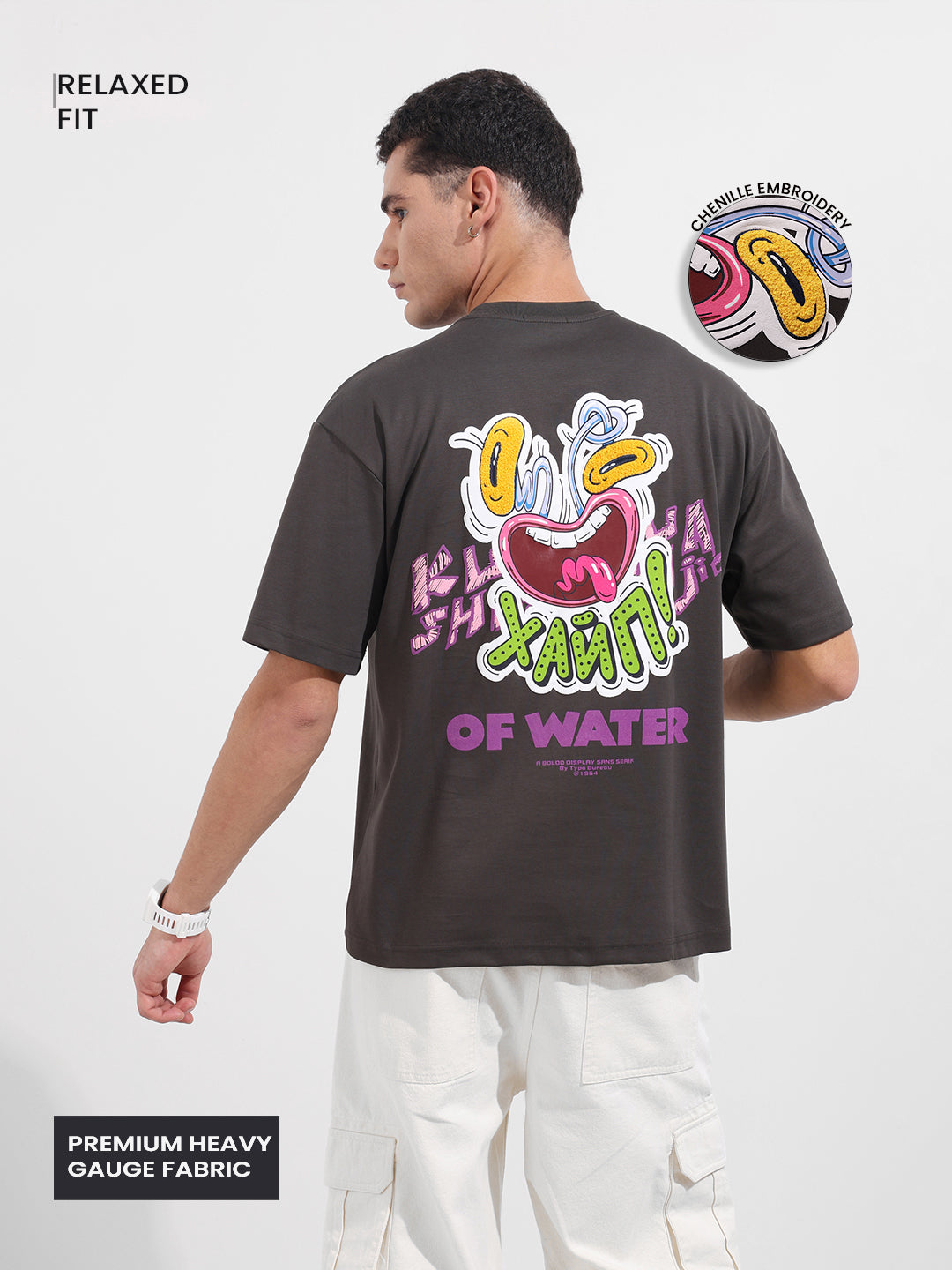 Men's Grey Relaxed Fit Embroided 240 GSM Graphic  T-Shirt