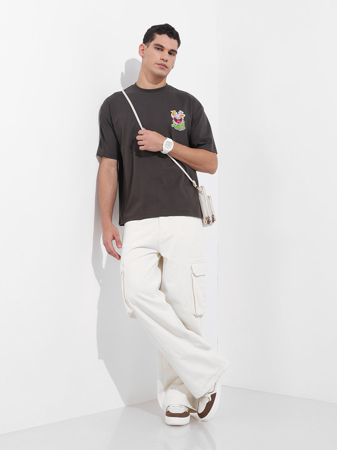Men's Grey Relaxed Fit Embroided 240 GSM Graphic  T-Shirt